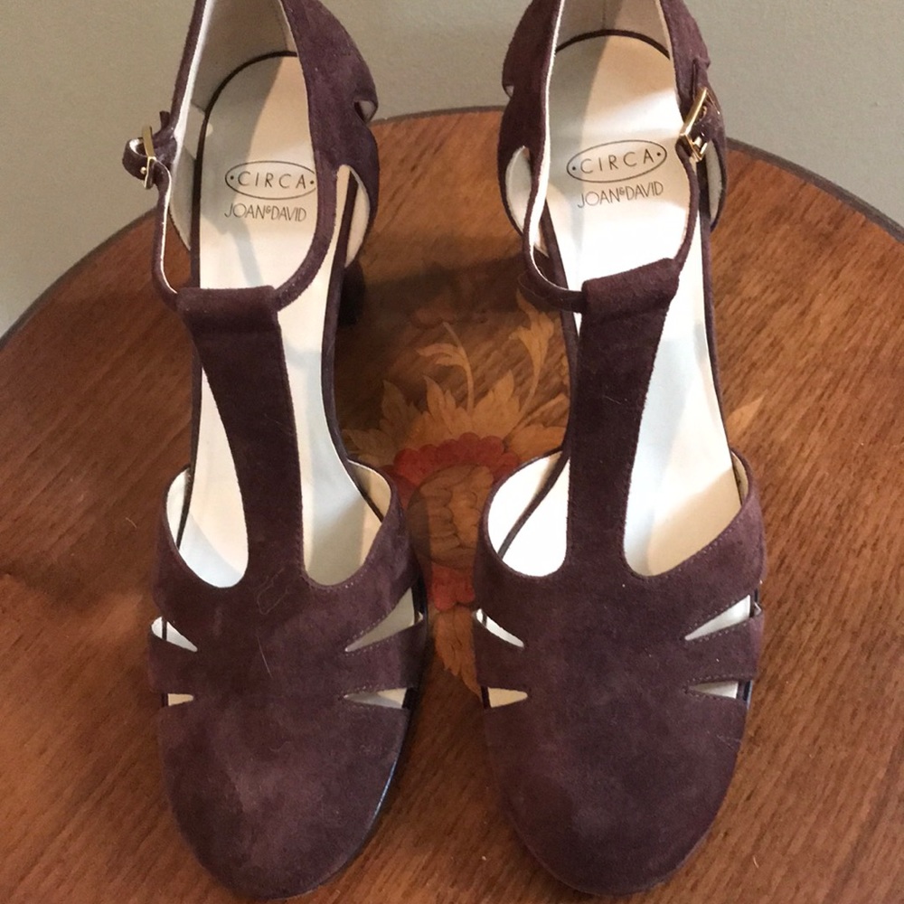 T-strap brown suede heels